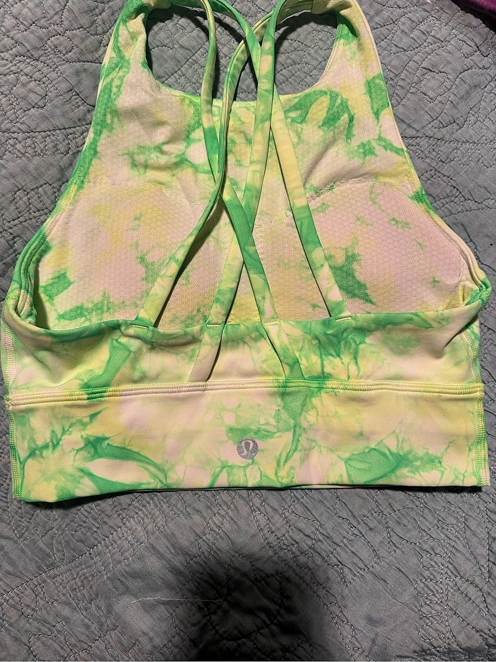 lululemon Energy Bra High Neck Long Line Shibori Crop Top Green & Pink Size 4